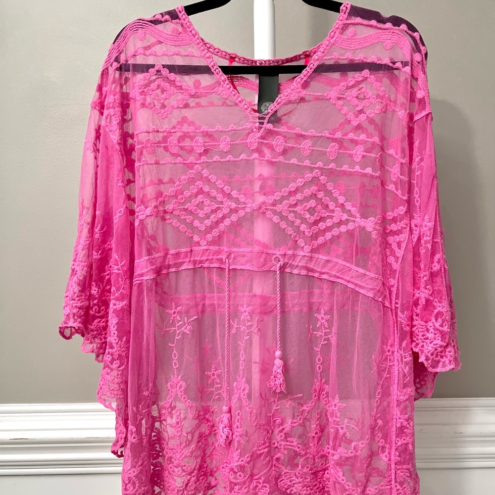 Vince Camuto Hot Pink Boho Embroidered Swim Coverup Vacation Beach Pool - Picture 3 of 15